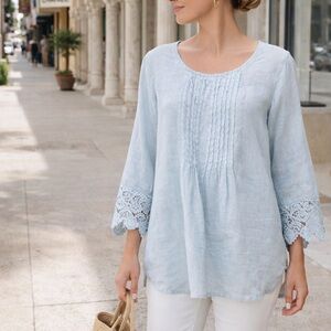120% Lino Linen Blouse Powder Blue Pintuck Excellent Size 46 / Size 10